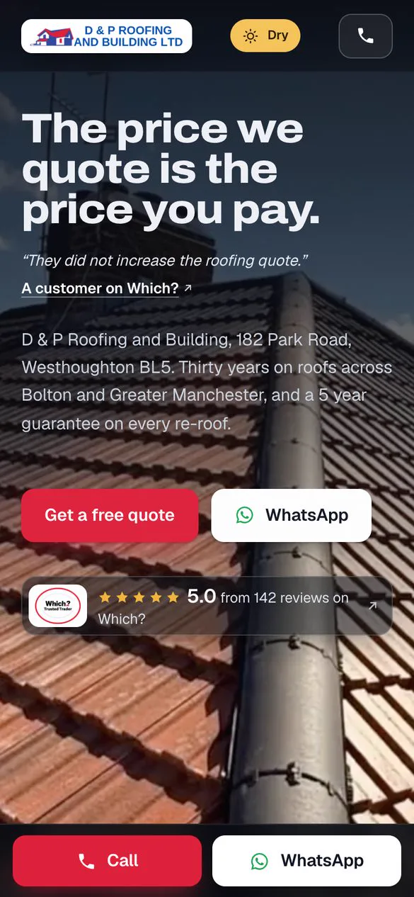 The new D & P site on a phone, with tap to call and WhatsApp.