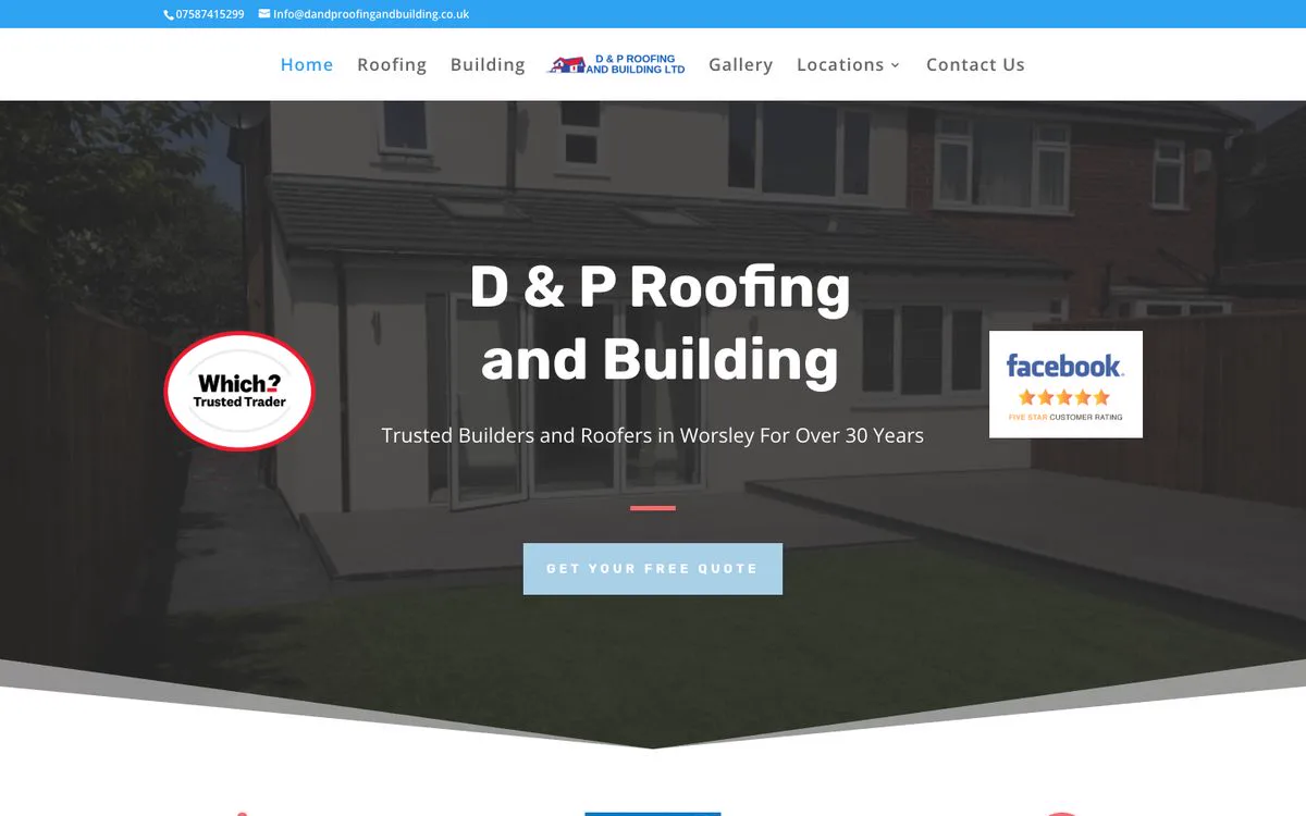D & P's current website: a dark photo of an extension with their name in the middle and a pale quote button.