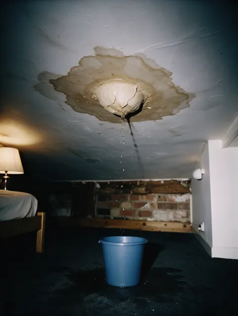 The customer's photo: a stained, bulging bedroom ceiling dripping into a bucket.